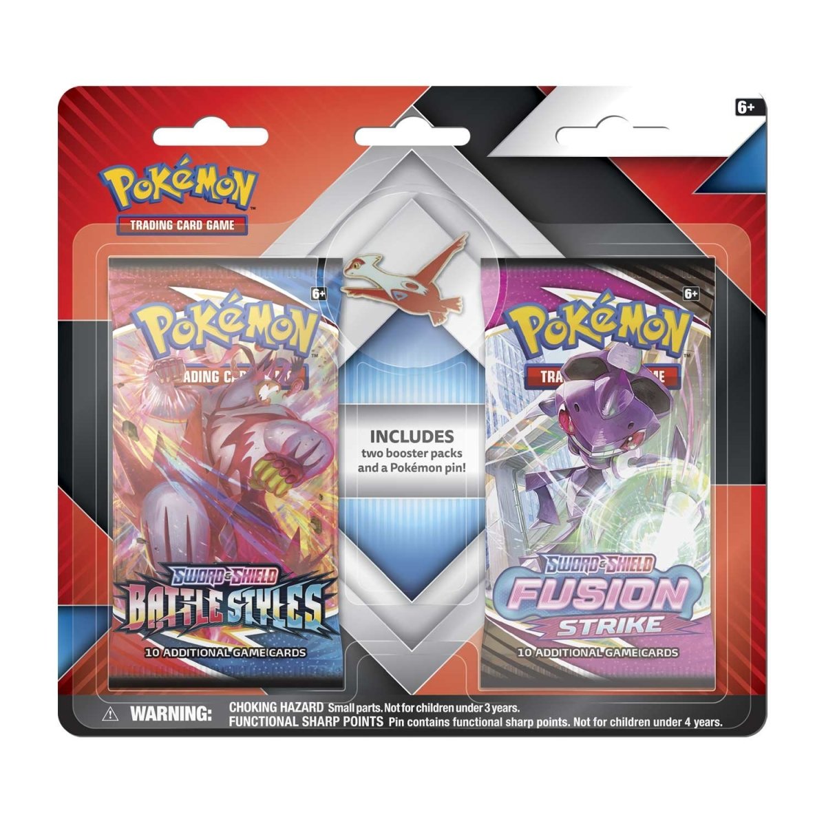 Pokémon trading card game packaging with two booster packs and a pin on a white background
