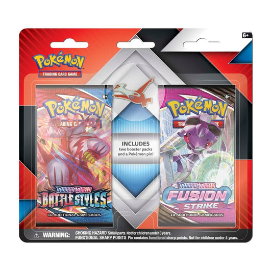 Pokémon trading card game packaging with two booster packs and a pin on a white background